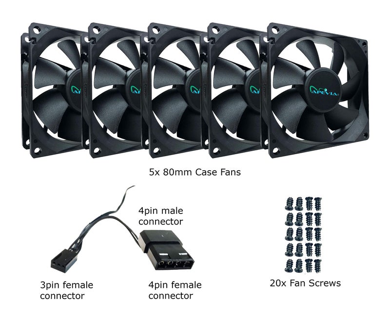 Apevia AF58S-BK 80mm 4pin Molex + 3pin Motherboard Silent Black Case Fan - Connect to Power Supply or Motherboard (5-pk) - Image 3